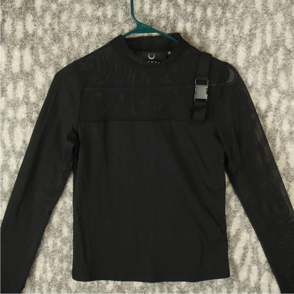 Killstar Half Mesh With Buckle Cross Left Shoulder Top Round Neck Womens S Black - Picture 3 of 13